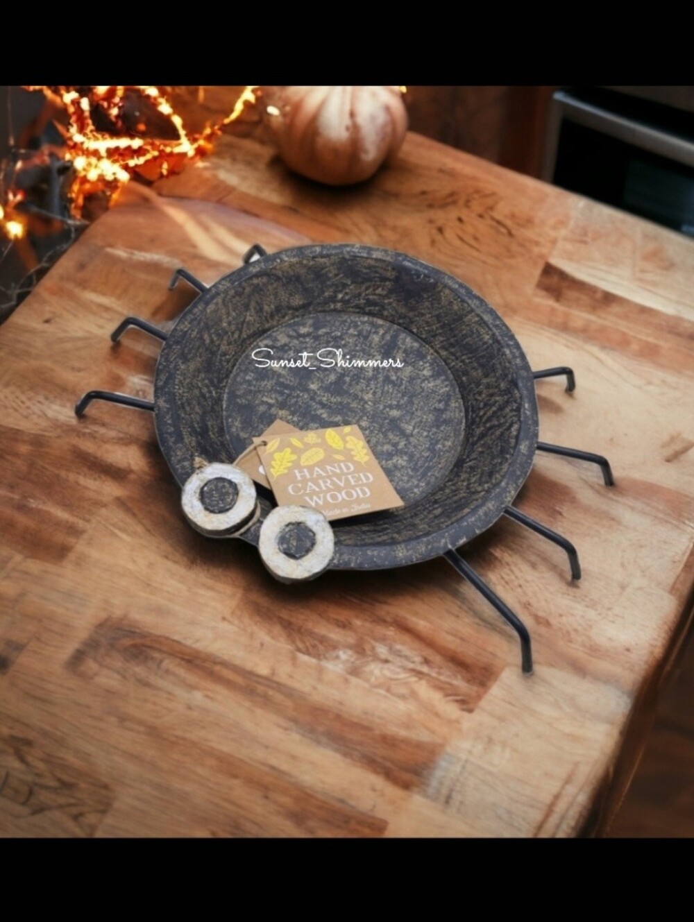 Vintage Primitve Style Farmhouse Hand Carved Wooden Spider Candy Bowl Halloween